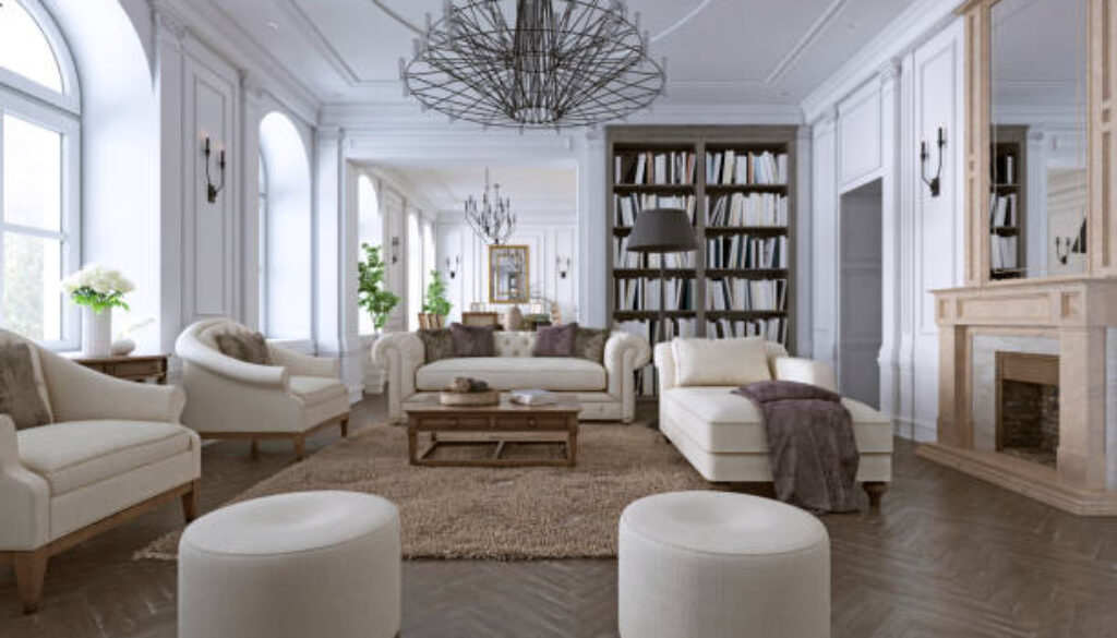 Interior of comfy and bright living room in classic style. 3D rendering.