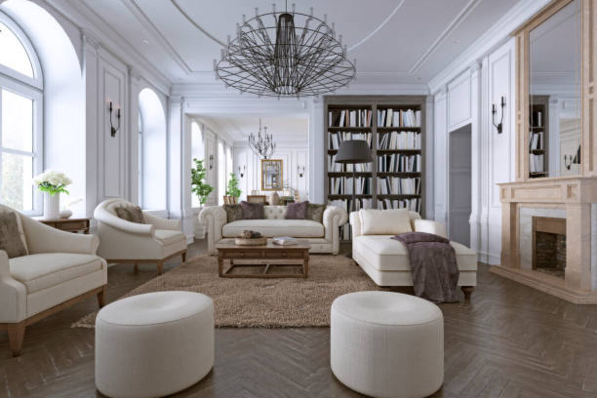 Interior of comfy and bright living room in classic style. 3D rendering.