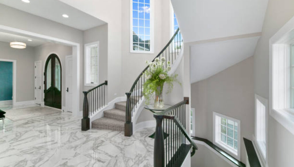 Stairs leading up and down in a curved architectural design