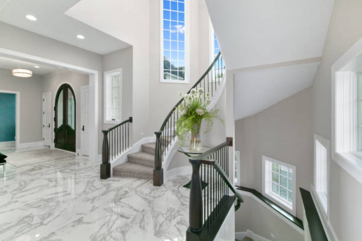 Stairs leading up and down in a curved architectural design