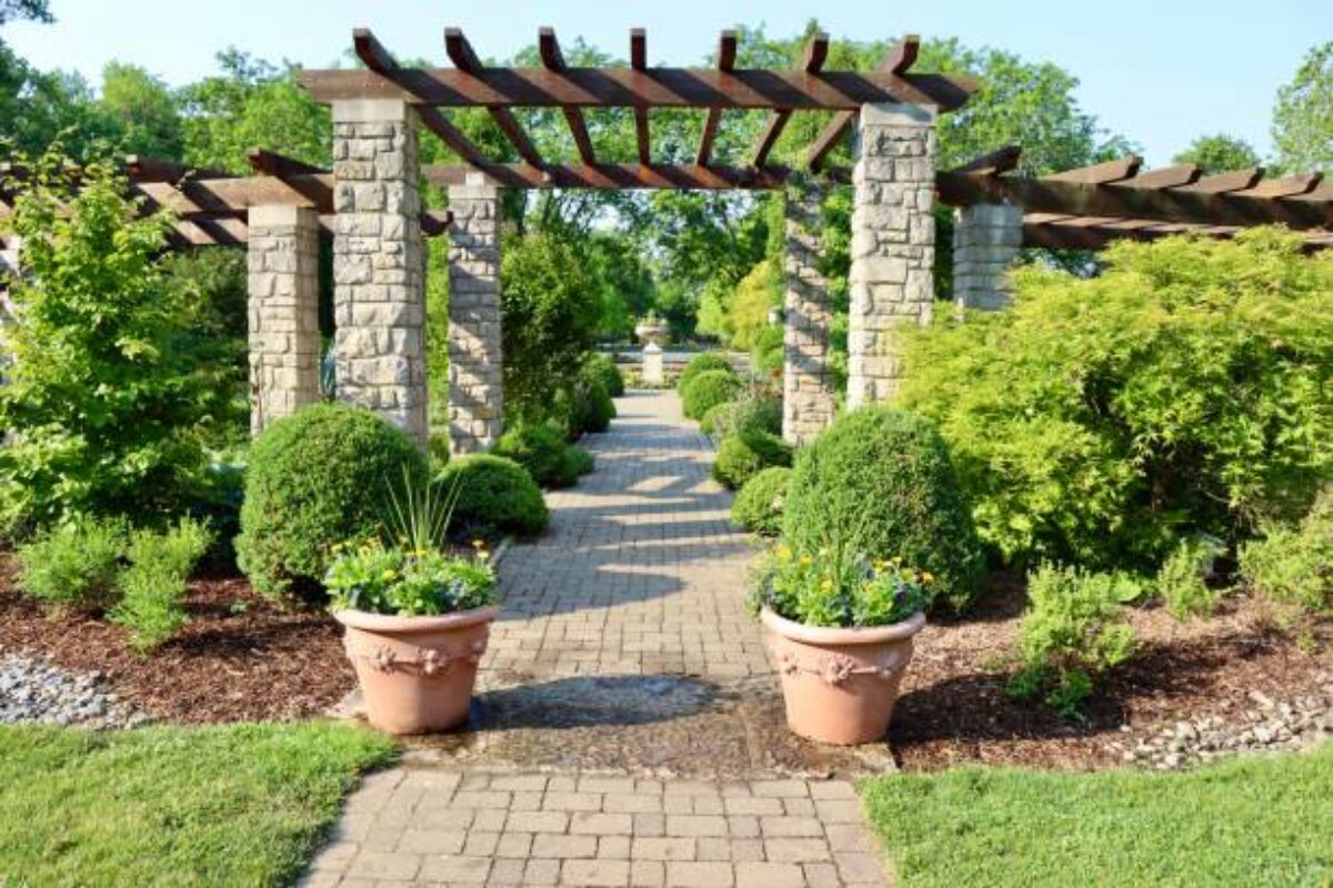 The long pathway in the garden at the park on a sunny day.