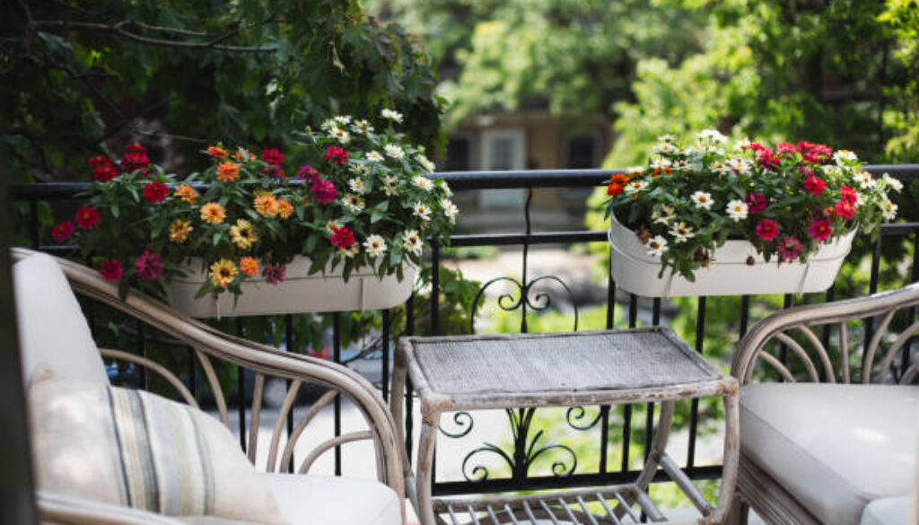 Flower pot, Balcony, Chair, Residential Building
